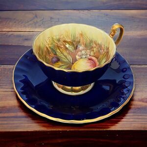 Vtg Aynsley Cup & Saucer Cobalt Blue Orchard Fruit Grapes Peaches w/Gold Trim